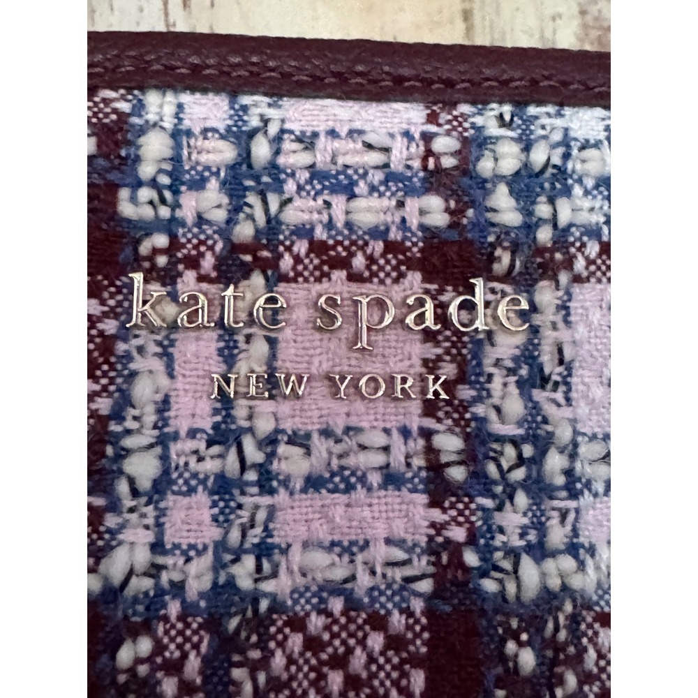 Kate Spade Plaid Burgundy Blue White Tweed Tote Shoulder Bag NWOT - Picture 2 of 16